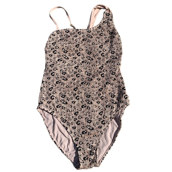 💛 Time and Tru Womens XL Black & Tan Textured Leopard Print One Piece Swimsuit - Picture 1 of 6